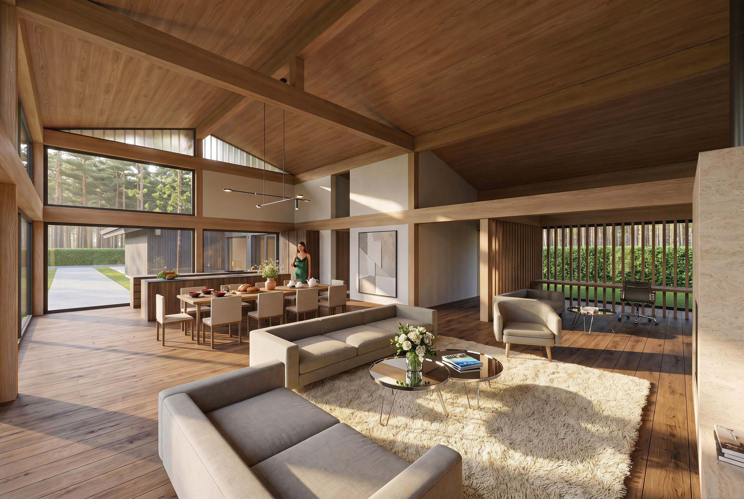 Kitchen, dining & living architectural rendering